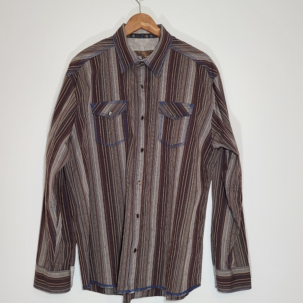 Blue Brand Men's Button up, XL Brown Tan Blue Stripes Snap Button Western